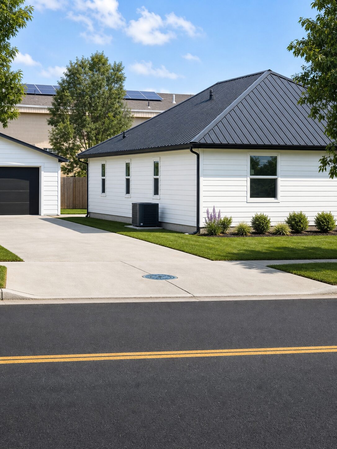 Rear corner view showing the detached garage, driveway parking, and fresh landscaping