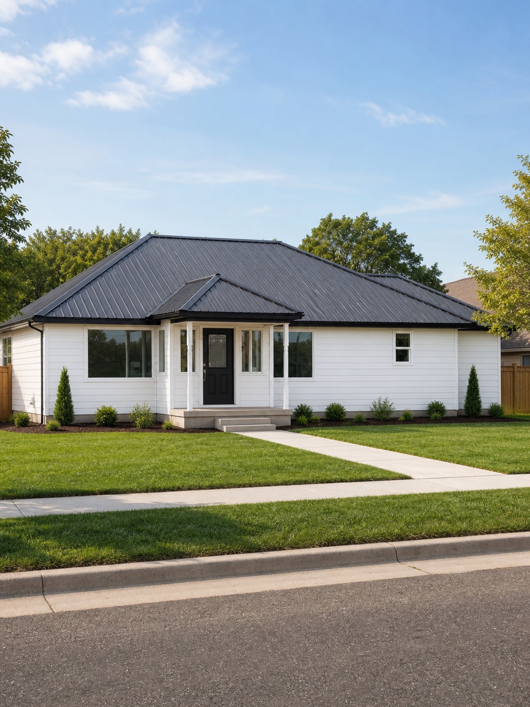 Front elevation — newly remodeled white building with black standing-seam metal roof and manicured lawn at 90 S 400 W, Vernal UT