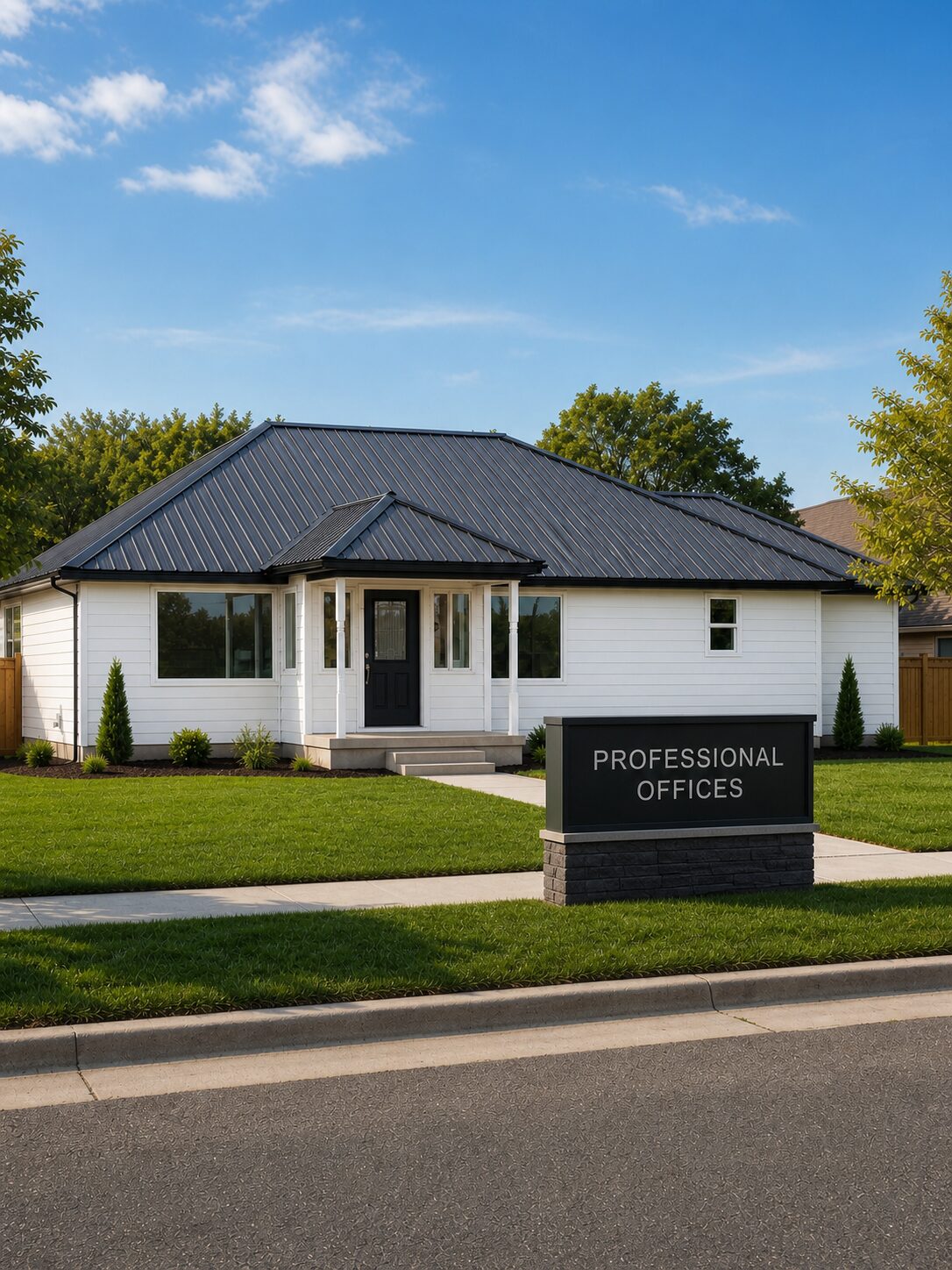 Concept rendering of the building as professional offices with monument sign