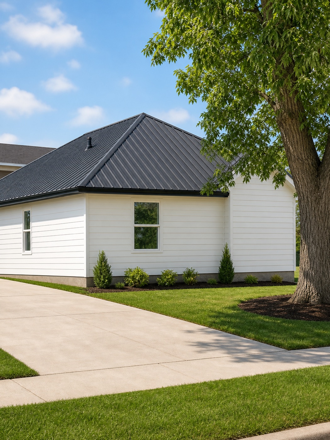 Side elevation with a mature shade tree, sidewalk, and landscaped lawn